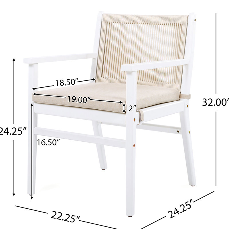 Fauteuils de patio 2 pièces, bois, dossier en corde, coussin d'eau, structure blanche, support de charge de 400 lb, fixation du coussin lavable à la machine, ergonomique confortable convenant aux chaises de salle à manger de 2 personnes,
