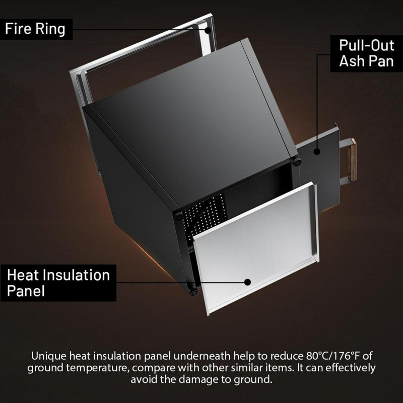 25 inch Smokeless Fire Pit, Wood Burning Fireplaces w/ Pull-Out Ash Pan, Portable Outdoor Firepits, Black