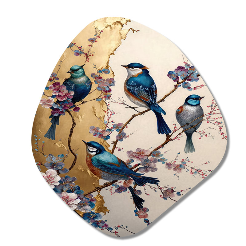 Décoration murale en métal multicolore oiseaux sur prunier II - forme nébuleuse d'oiseaux, H 28 po x l 25 po
