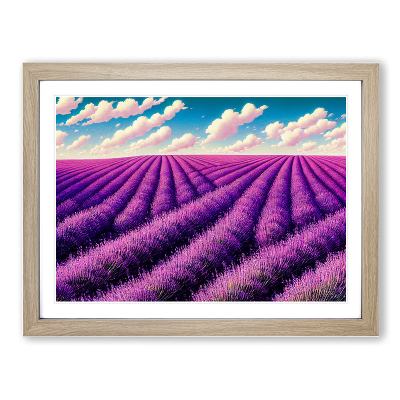 Artsy Lavender Flower Field - Single Picture Frame Print, 46cm H x 64cm W, Oak