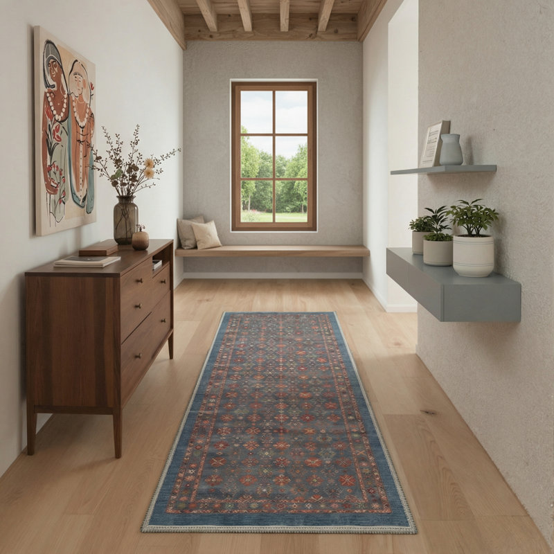 Veridian Geometric Floral Machine Washable Red / Blue Indoor Area Rug with Non-Slip Backing, Runner 2'3" x 6'