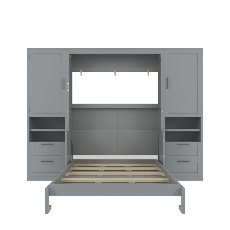 Lit escamotable mural avec placard, tiroirs et tablettes Murphy, gris, Double