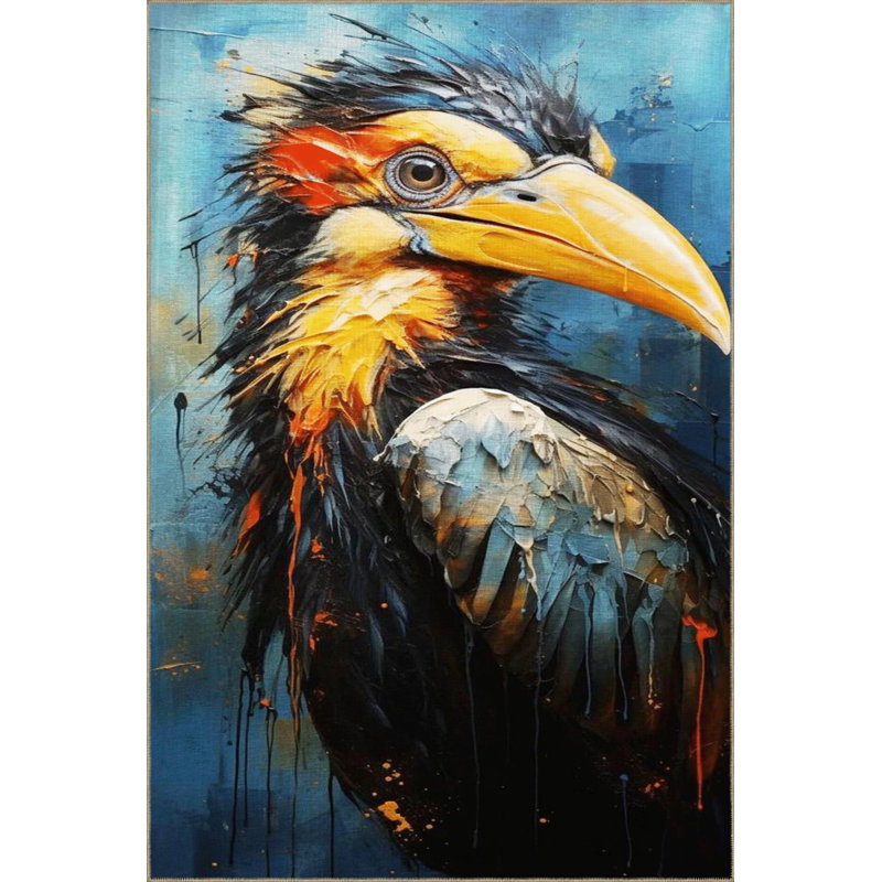 Multicolored Surrealist Design Abstract Hornbill Bird Pattern Modern Decorative Carpet, Round 3'4"