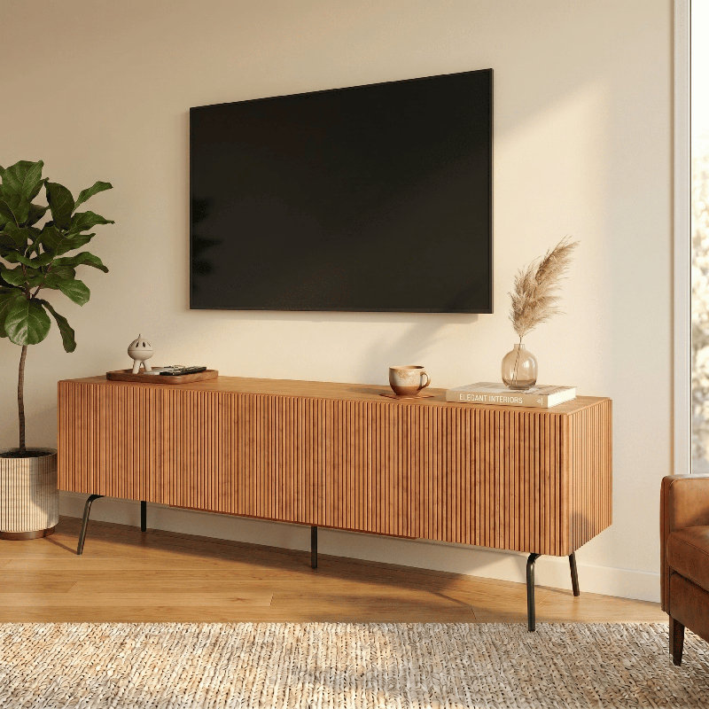 NTC Veil TV Stand with 3 - 4 Doors for TVs up to 75’’, Media Console with Vertical Groove Design and Metal Legs, Modern Entertainment Center for Living Room and Bedroom, Effortless Assembly
