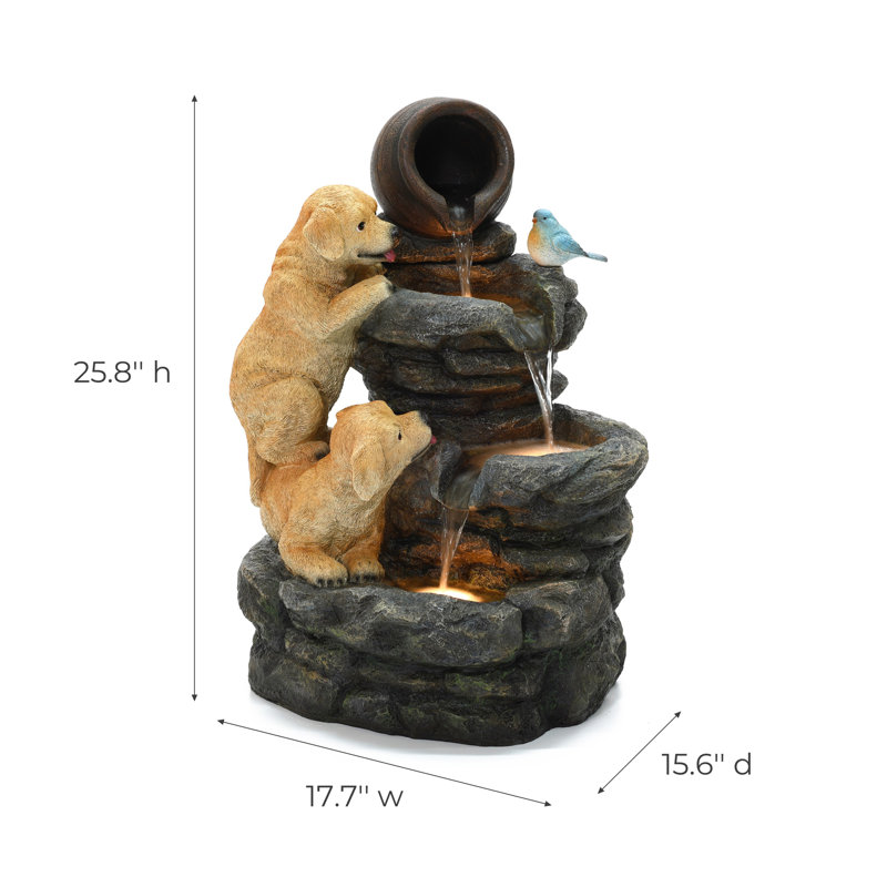 Aslynn 25.8'' H Rustic Resin Outdoor Water Fountain, Tiered Rock Waterfall Garden Fountain with  LED Lights