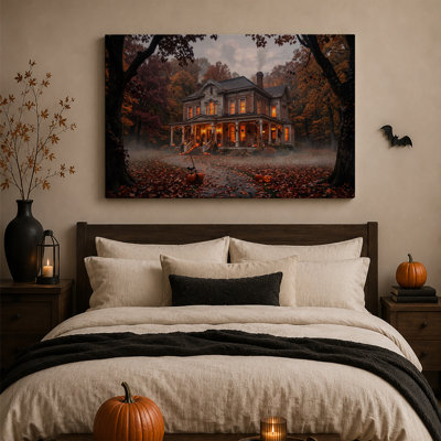 Victorian House With Glowing Windows In Autumn Halloween Canvas Wall Art