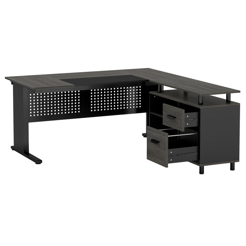Bureau de direction en L 63 po avec classeur, Black/Black