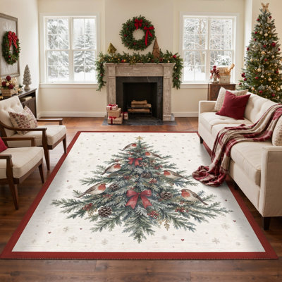 Tapis lavable à poils courts ivoire / vert Winter Birds & Pinecones