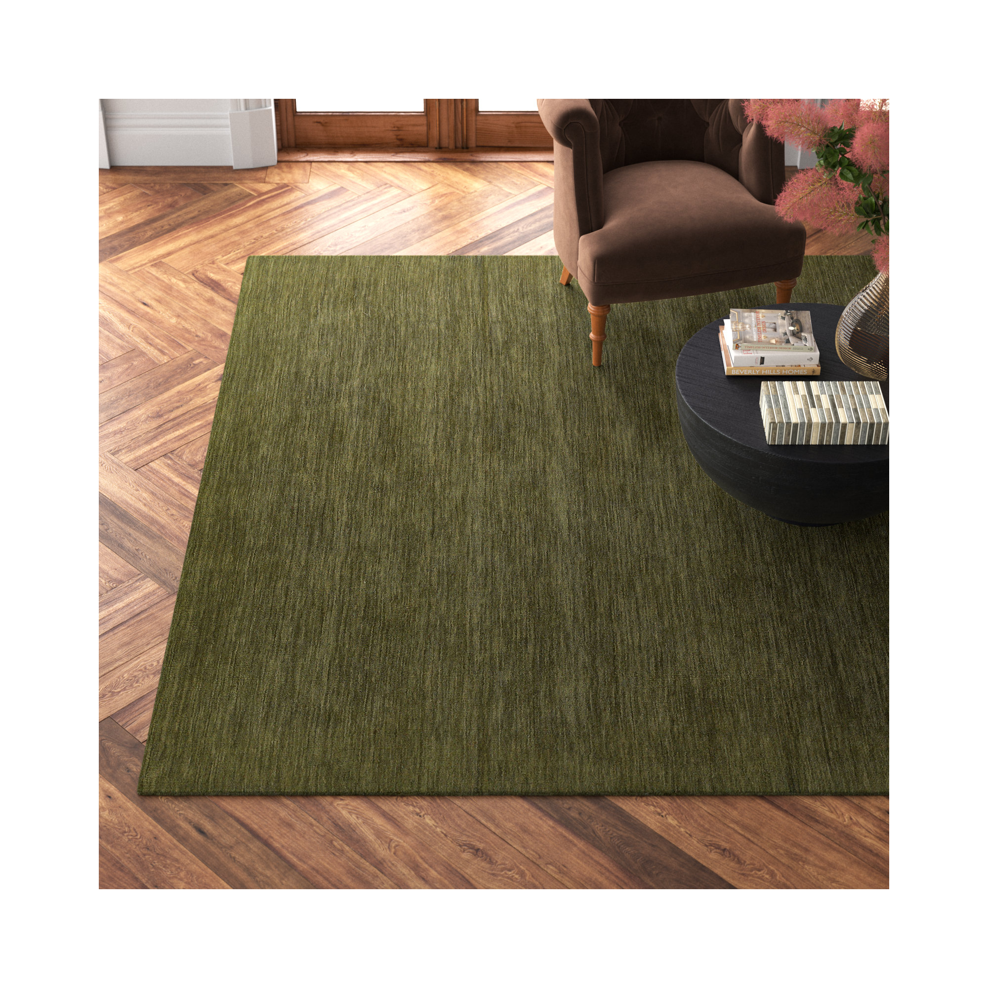 Althena Hand Loomed Wool Green Rug, Rectangle 8' x 10'