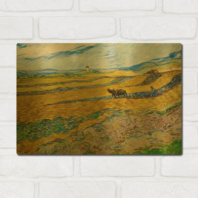 «Enclosed Field With Plowman» par Vincent Van Gogh, art mural en métal doré, 16 po x 12 po