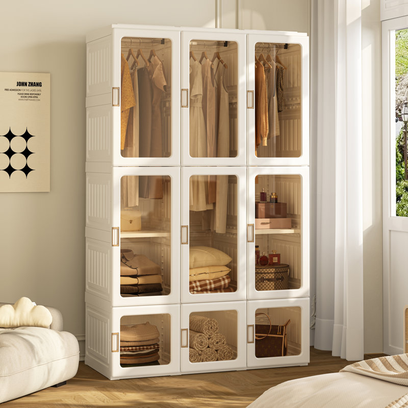 Armoire de rangement pour garde-robe Armoire - Organisateur de placard pliable avec 5 cubes et 3 tiges de suspension, installation sans outil d'une seule pièce, portes transparentes, rangement pour chambre et placard