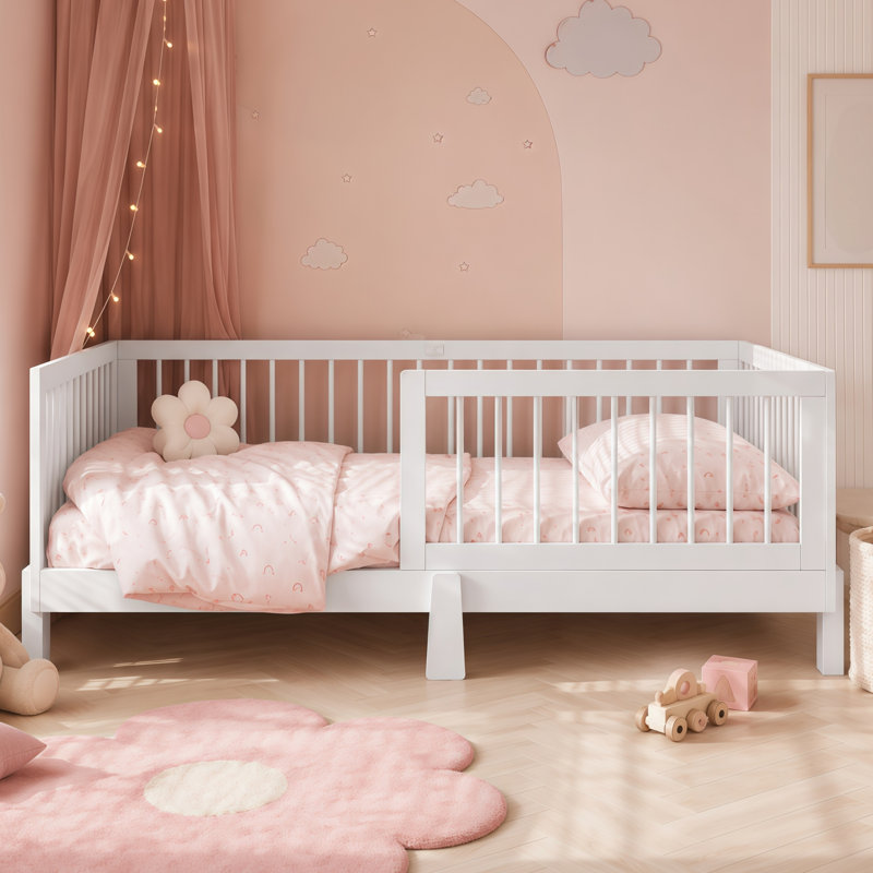 Lit de sol Montessori convertible Briar en bois massif avec barrières de sécurité et fonction lit de jour, Lit double, Blanc