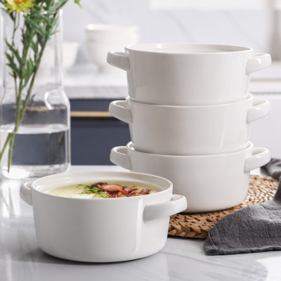  Bols à soupe 24 oz en céramique avec poignées, ensemble de 4 bocaux à soupe à l'oignon français, allant au micro-ondes et au four, bols à céréales blanches empilables pour ragoût, chili, salade et lave-vaisselle