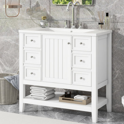 Meuble-lavabo blanc de 36 po avec panneau et panneau en bois massif, lavabo en céramique, une armoire, trois tiroirs, finition peinte, autoportant, fixation de robinet simple de 4 po, meuble-lavabo à charnières en acier inoxydable, peuplier / caoutchouc