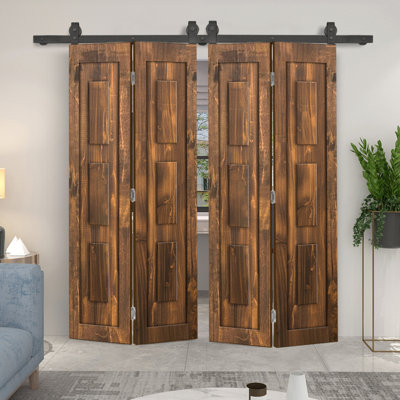 3 Panel Shaker Pine Wood Double Bi-Fold Door with Sliding Barn Door Hardware Kit