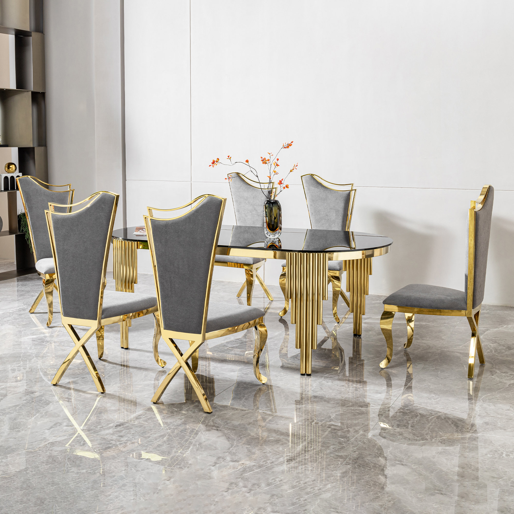 Everly Quinn Elegant 8-seater Black Glass Oval Dining Table With Gold ...