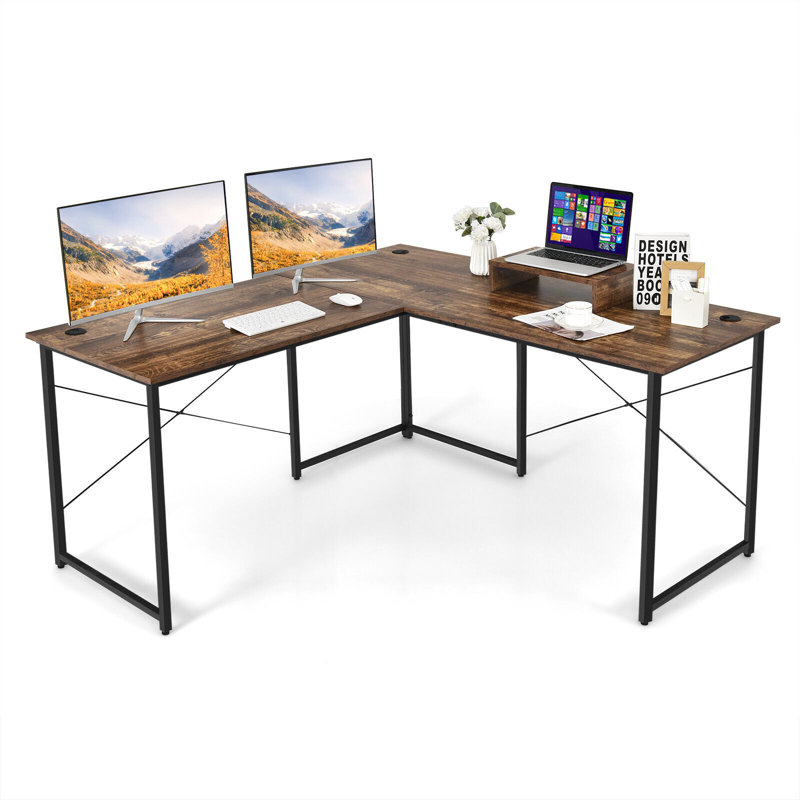 Aatto L-Shaped Steel Computer Desk, Brown