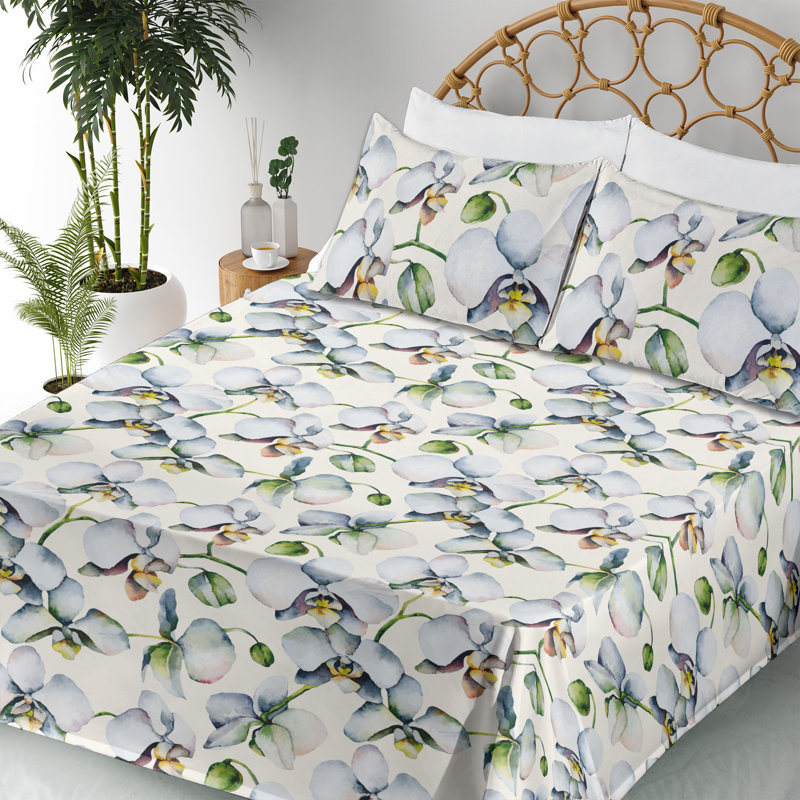 Ambesonne Floral Design Sheet Set Orchid Pattern Boho Reseda Green Soft Blue, Full Sheet Set uith 2 Pillowcases