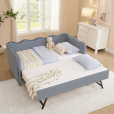 Daybed With Trundle Sofa Bed No Box Spring Needed, With USB Port And Adorable Wave Shaped, Linen Fabric