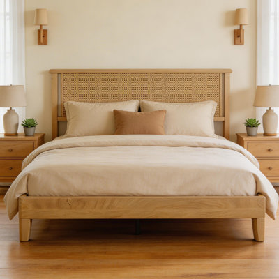 Queen Size Rattan Bed Frame With Natural Rattan Headboard, Platform Bed Frame, Mattress Foundation, Noise-Free, No Box Spring Needed,Under Bed Storage, Easy Assembly