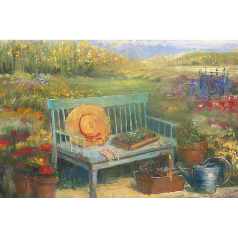 «Travailler dans le jardin» par Carol Rowan - reproduction d'art sur toile tendue, L 48 po x H 32 po