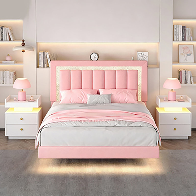 Ensemble de chambre à coucher 3 pièces Smart Bed, Lit double, Rose/Blanc