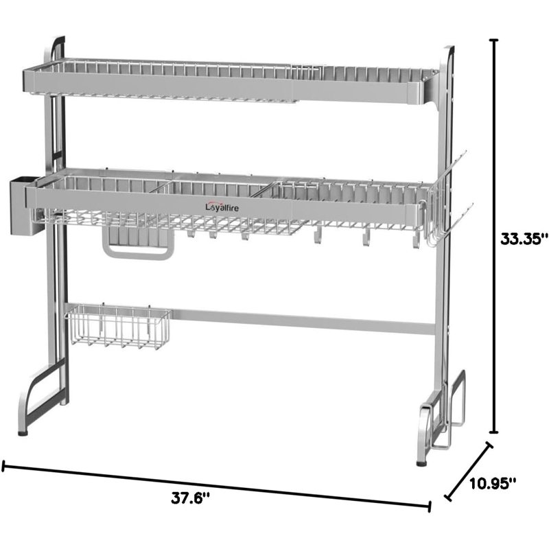 Over Sink Dish Drying Rack, 3 Tier Adjustable Length (20.87'' to 37.6'') Full Stainless Steel Large Storage Kitchen Dish Rack, Expandable Drainer Shelf Rack with Multifunctional Organizers