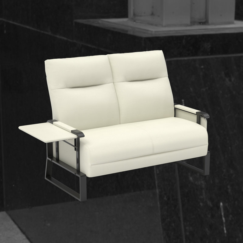 Causeuse moderne en similicuir avec plateau latéral et structure en métal, Beige