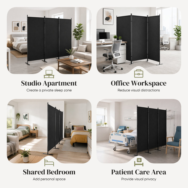 Paravent à 3 panneaux, paravent mural noir avec tissu en polyester imperméable opaque et structure en acier renforcé Q195, cloison portable pliable pour la chambre de bureau à domicile
