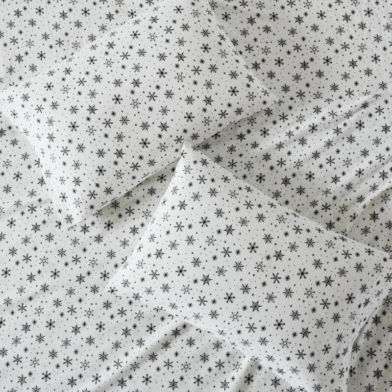 Ensemble de draps 4 pièces avec flocons de neige noirs, flanelle 100% coton, dimensions surdimensionnées allant jusqu'à 18 po de hauteur, douceur supérieure, drap-housse élastique, pré-rétréci