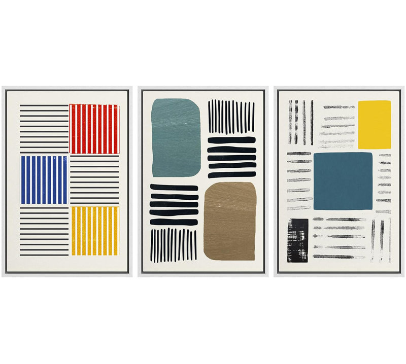 Abstract Vibrant Color Blocks Multicolor Geometric Artwork Framed Canvas 3 Pieces Print Wall Art, White, 24" H x 48" W