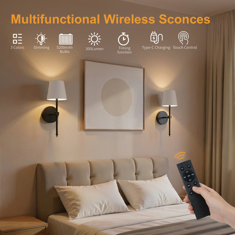 Dimmable Armed Wall Sconces Wireless Empire Metal Shade Black and White Fixture for Mirror Painting, Black/White