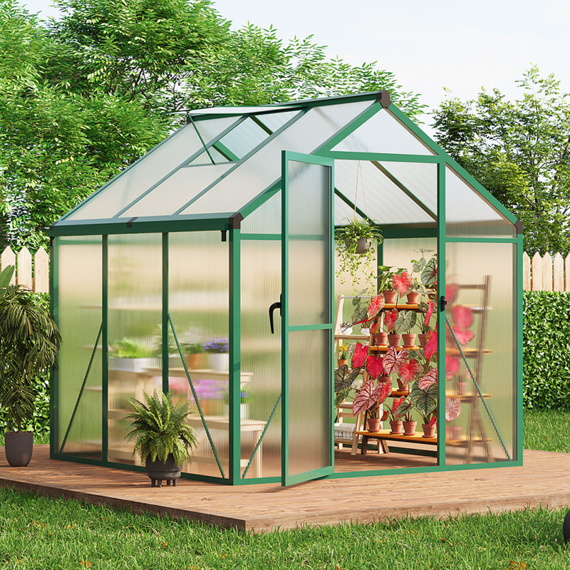 6×6 ft Walk-In Outdoor Greenhouse with Polycarbonate Panels, Reinforced Aluminum Frame, Adjustable Roof Vent, Green