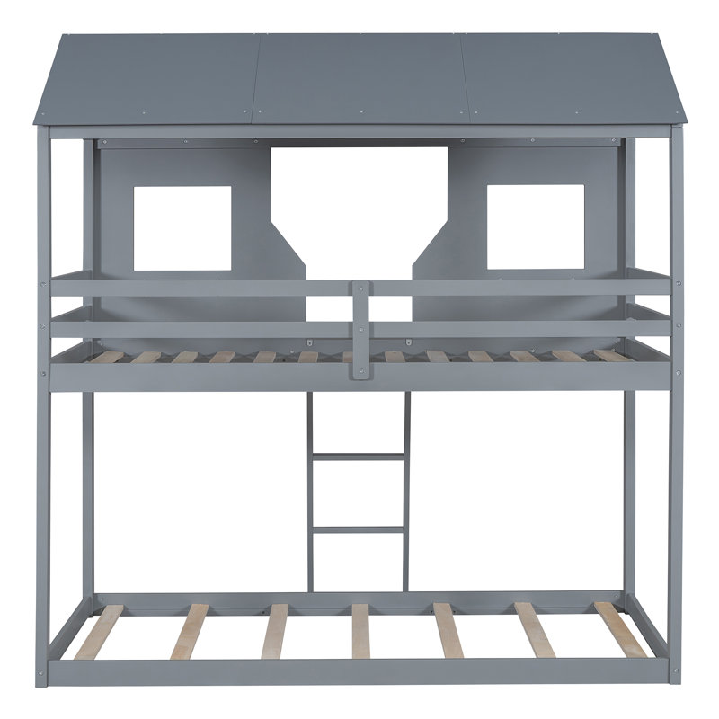  Wood Bunk Bed with Roof, Window, Sturdy Frame, Safety Guardrails, Space-Saving Design, Ladder for Easy Access, Stylish and Functional