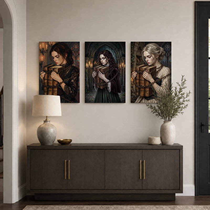 Ensemble de 3 toiles murales représentant trois femmes tenant des livres enchaînés, idéal pour Halloween., 24"H x 16"W x 3pcs