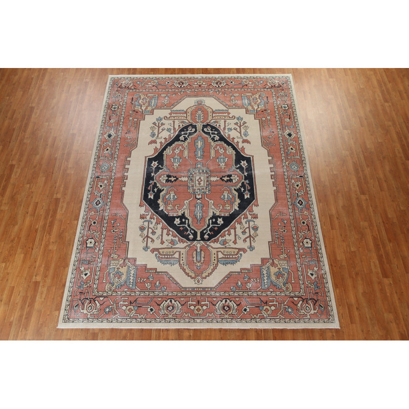 Tapis beige / ivoire / rouge rouille en laine noué à la main de conception unique 9 pi x 11 pi 9 po