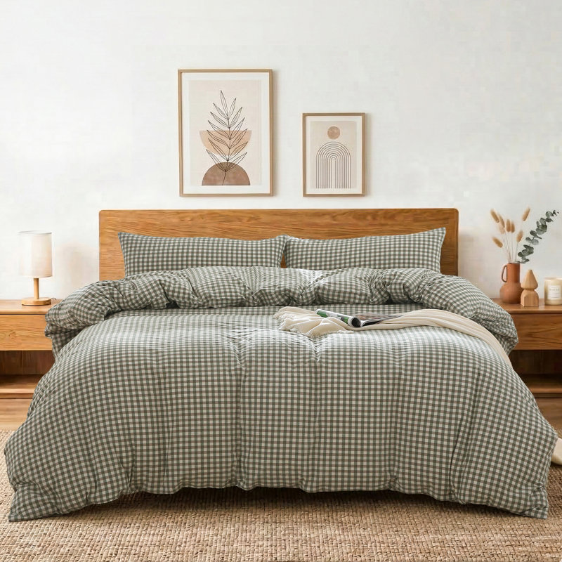 Duvet Cover Set 100% Washed Cotton Soft Bedding in Gingham Check, King Queen Duvet Cover + 2 King Pillowcases, Green