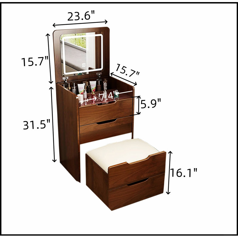 Bureau de coiffeuse 3 en 1 avec miroir rabattable, bureau en verre et 3 tiroirs pour une chambre à coucher moderne, Noyer