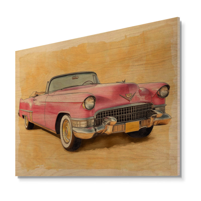 Cadillac rose été II - Décoration murale en bois de style milieu du siècle, H 30 po x l 40 po, Rectangulaire