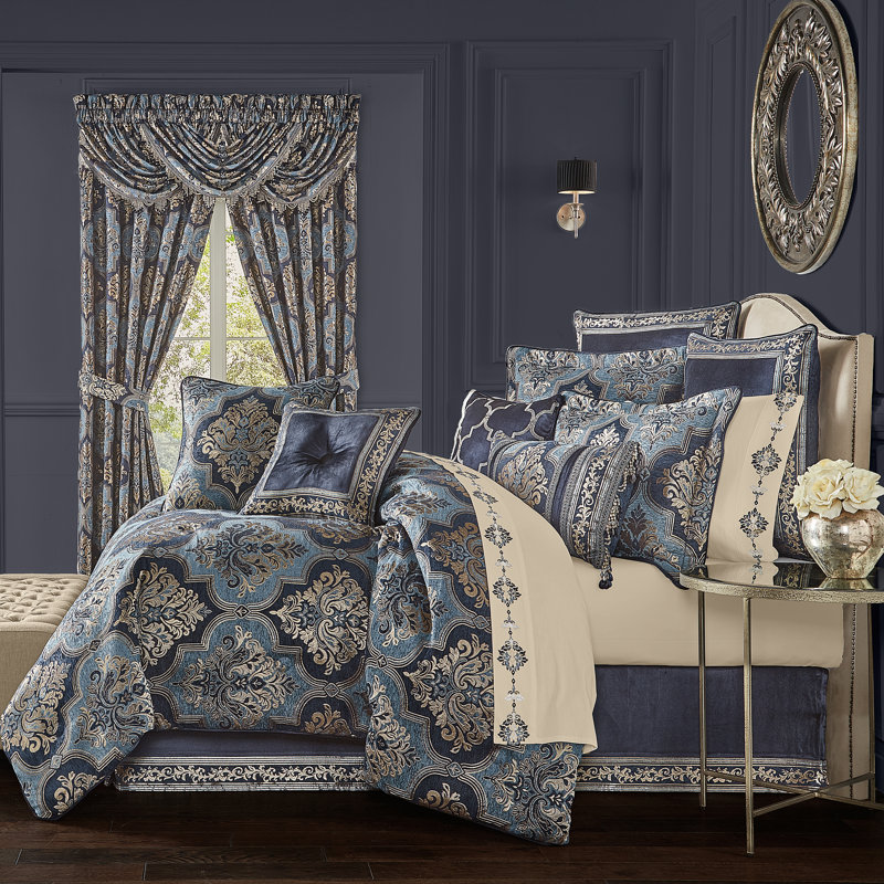 California King Blue and Gold Damask Comforter Set