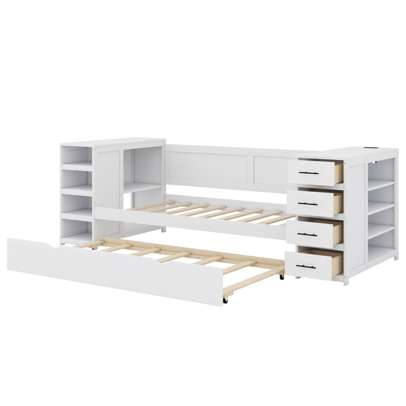 Lit de jour simple en bois avec lit gigogne, tablettes latérales, tiroirs et bureau de chambre multifonctionnel avec station de charge