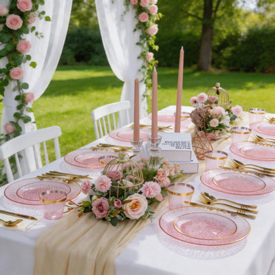 175Pcs Hammered Clear Pink Disposable Party Dinnerware Kit