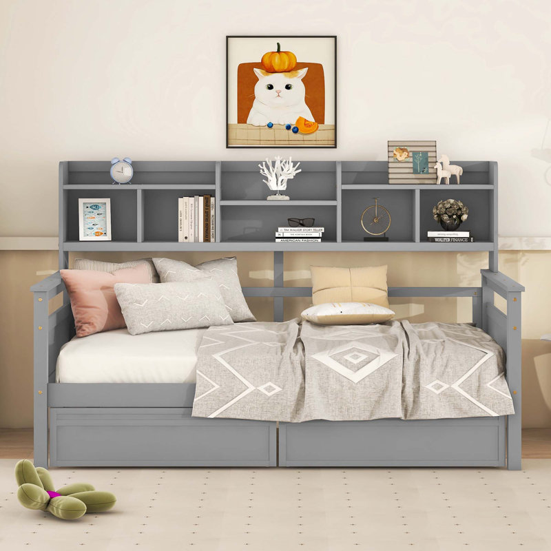 Lit de jour, support en lattes de bois, avec tablettes de chevet et deux tiroirs, Gris, Lit simple