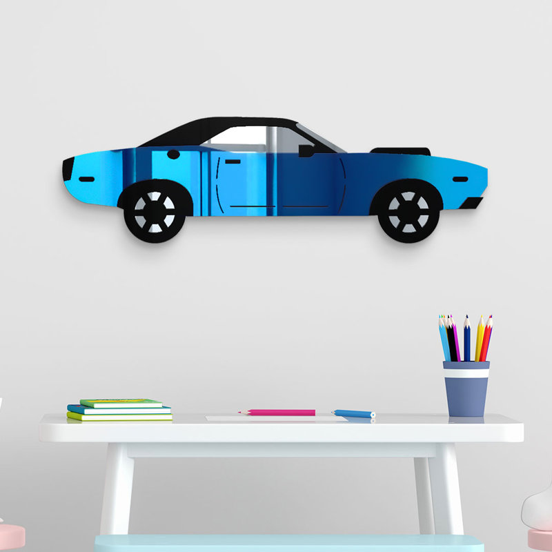 Décoration murale en miroir Muscle Car, H 9 po x l 32 po x P 1 po, Bleu