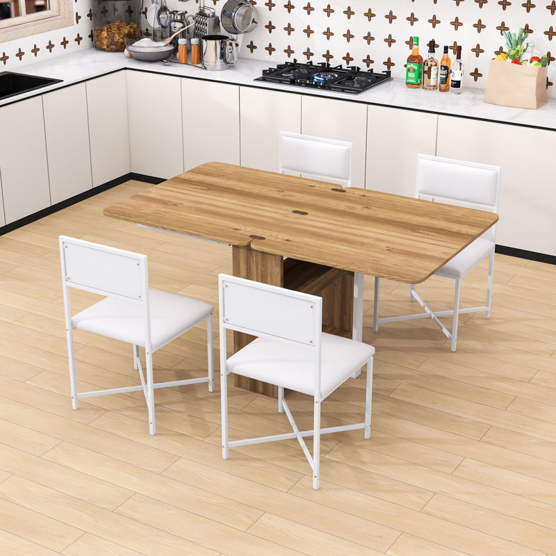 Ensemble de table de salle à manger 5 pièces avec support de rangement, table extensible et 4 chaises rembourrées, Blanc