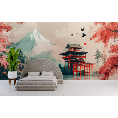 Papier peint Lac et Forêt Paisibles avec Montagnes enneigées – Fresque murale représentant un paysage naturel pittoresque pour une chambre, un salon ou un studio de yoga apaisant.