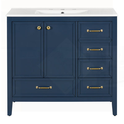 Meuble-lavabo bleu élégant avec lavabo, porte à fermeture douce et 4 tiroirs, structure en bois massif pour la durabilité et l'élégance