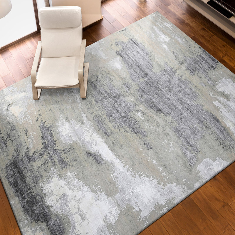 High-Quality Hand-Knotted White And Black Area Rug, Rectangle 9' x 12'