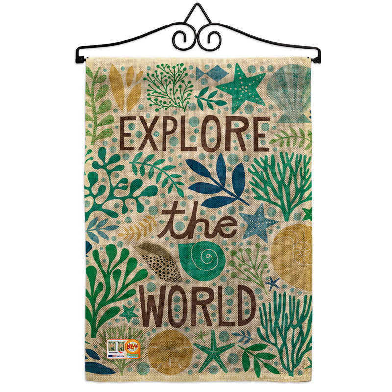 "explore the world côtier" , une en toile jute verticale décorative de 2 côtés, 19 po x l 13 po. drapeau de jardin