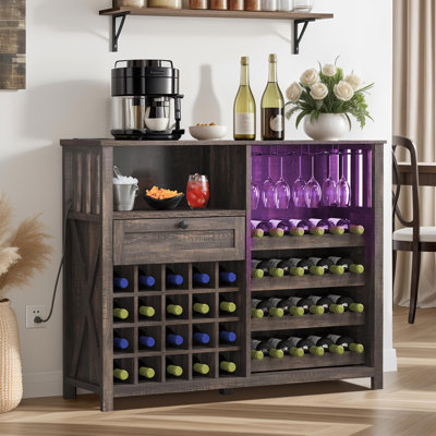 47” Rustic Brown Wine Bar Cabinet with Charging Station